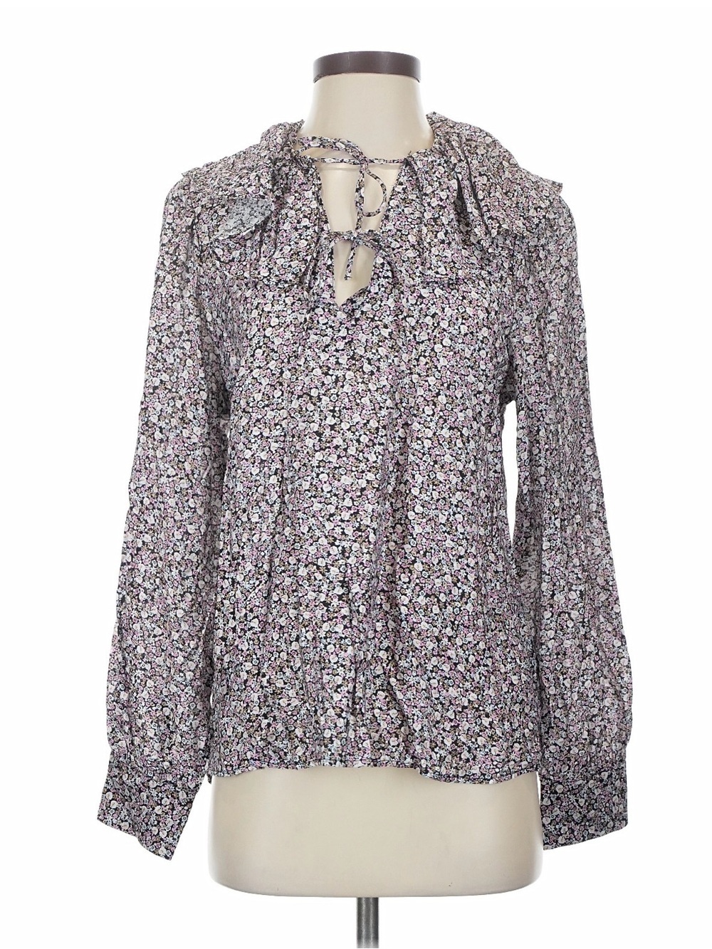 H&M Pink Floral Ruffle-Neck Long Sleeve Blouse Size XS